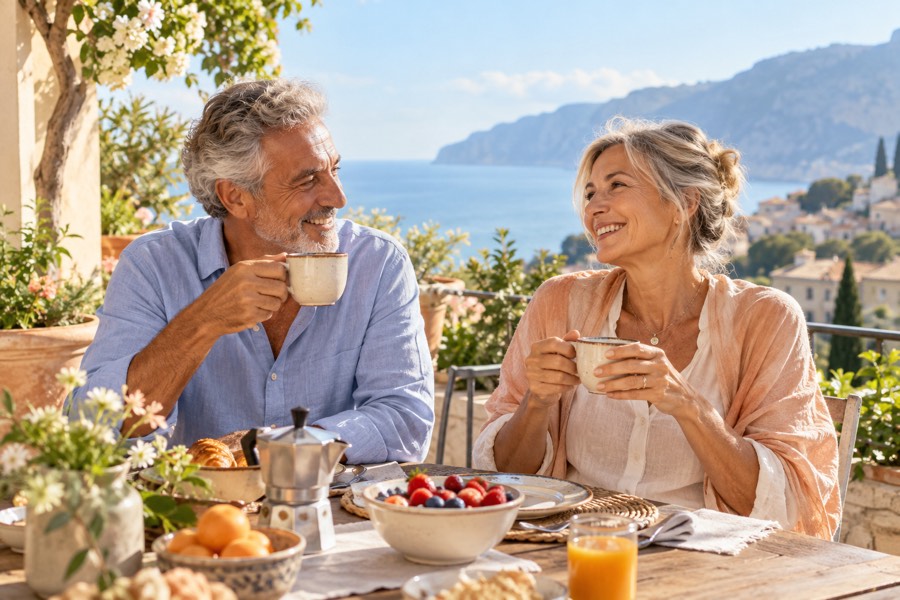 Una coppia condivide un momento sereno durante la colazione